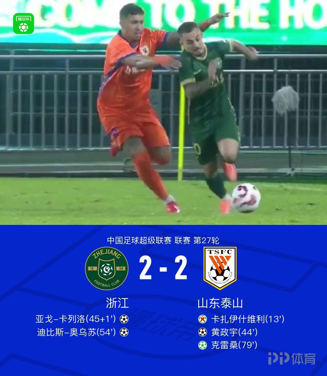 浙江2-2山东，克雷桑、卡列洛破门，卡扎伊什维利失点